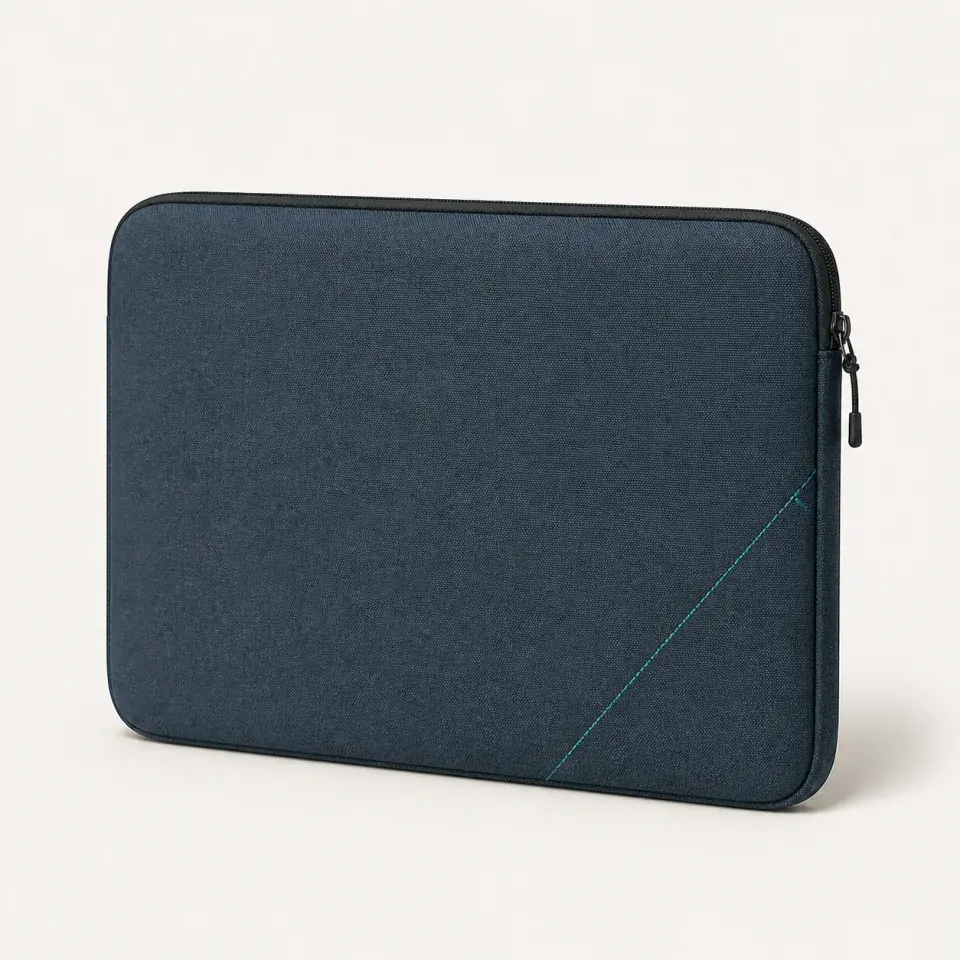 ShellGuard 14 wider slate-blue laptop sleeve with a dark zipper and teal stitching
