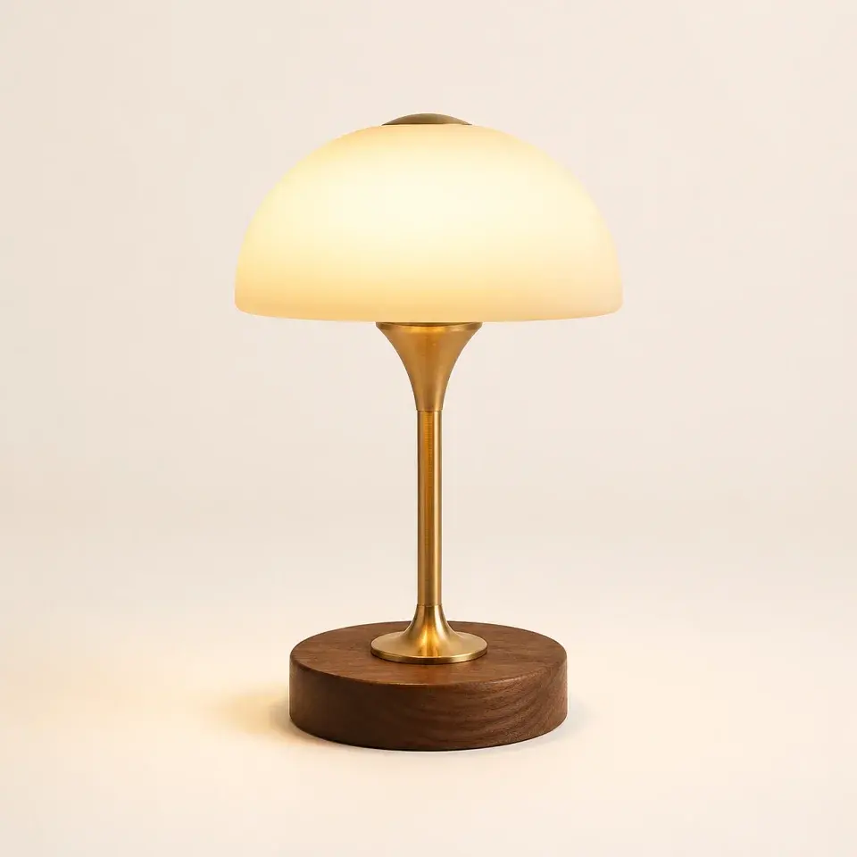 RidgeLight table lamp with a glowing warm-white dome, brass stem, and walnut base