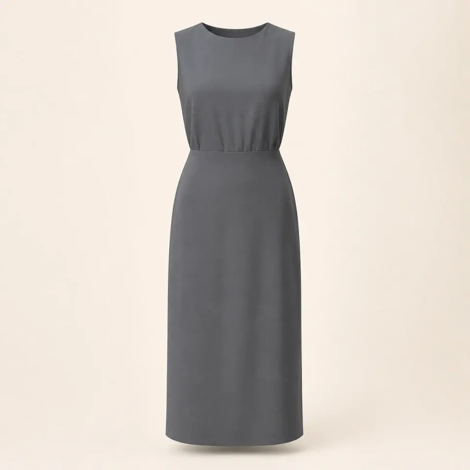Arden slate matte-crepe column dress with a clean neckline