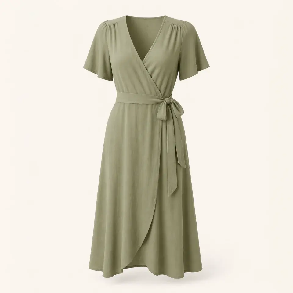 Marlow Sage Wrap Midi with a defined waist and fluid skirt