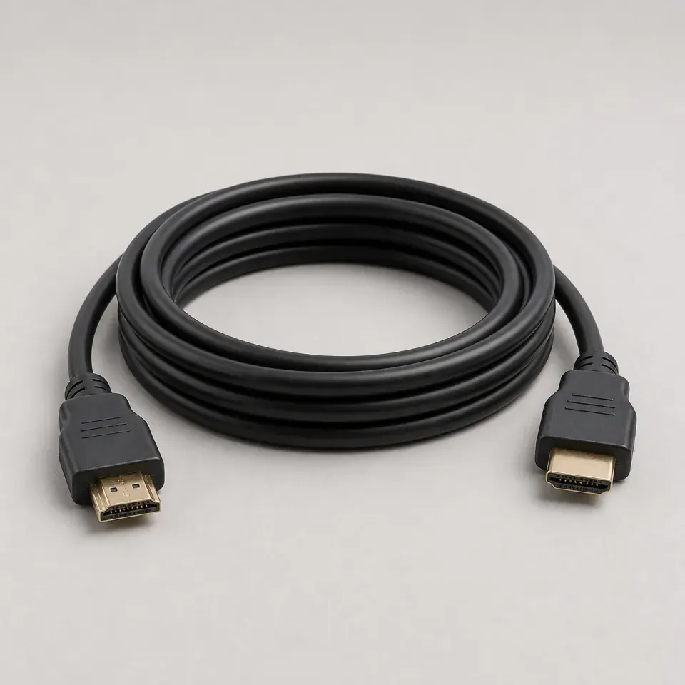 SignalCore black HDMI cable coiled with both connectors visible