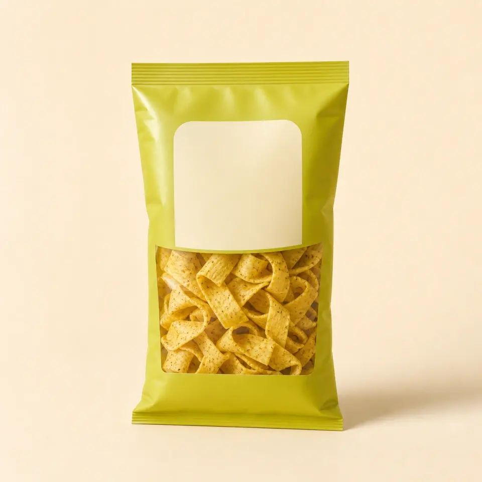 Lime corn ribbons in a lime-yellow snack pouch